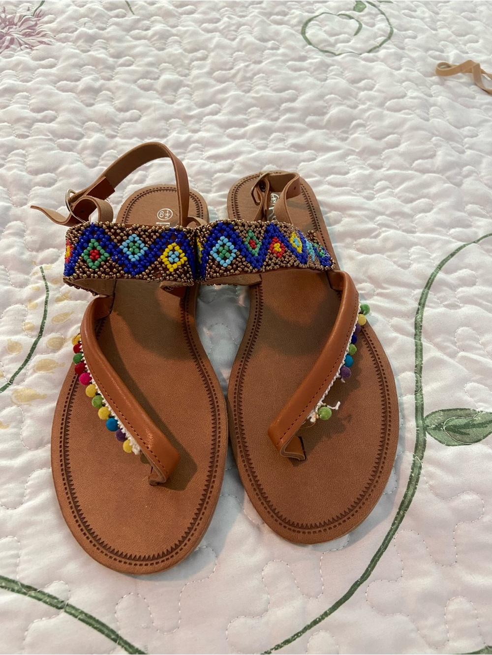 Refresh Tan Sandals with Multicolor Beaded Strap Size 8.5